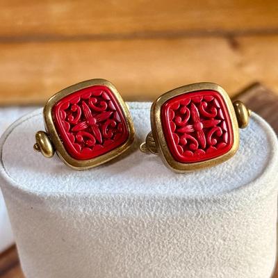 Antique Cinnabar Clip-On Earrings