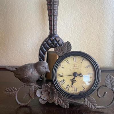 Dinner Time - Vintage Spanish Folk Art, Carved Dinner Bell & Wrought Bird Clock 