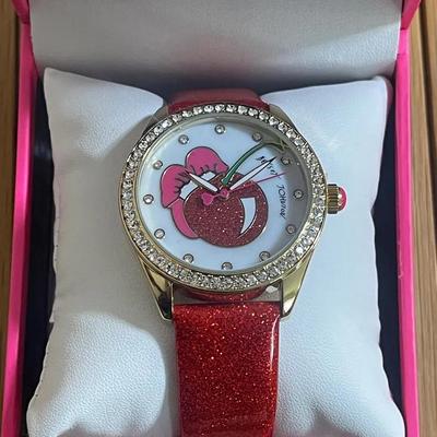 New York Designer Betsey Johnson Cherry Licious Lips Glittery Red Band Watch 