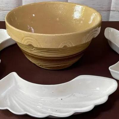 Vintage RRP Co. Yellowware Mixing Bowl: 12" Roseville Stoneware & Lane & Co, Van Nuys Side Dishes