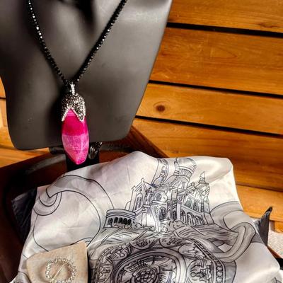 A Touch of Hot Pink: Necklace, Scarf, & Pin