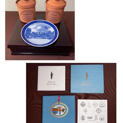 English Terracotta Canisters, 1994 White House Christmas Ornament (In Box), & Collectible Plate