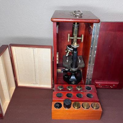 Antique 19th-century Monocular Microscope in Wooden Carry Case