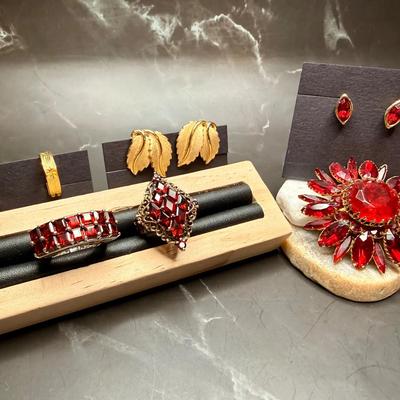 Lady in Red: Six-Piece Holiday Glam Jewelry Set - Sterling Silver Rings, Red Stone Pin, & Earrings
