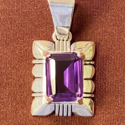Striking Sterling Silver & Amethyst Pendant - Modernist Style, Clean Lines with Petal Shaped Corners