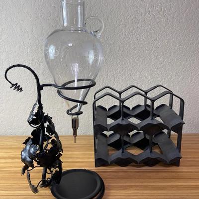 Vintage Italian Wrought Iron Wine Aerator Glass Decanter & Swiss Wine Bottle Holder