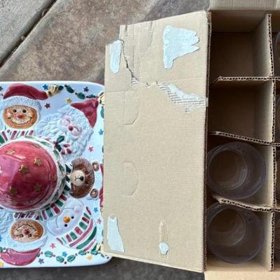 EAT129 Christmas Themed Cups And Ceramic Chip And Dip Platter 