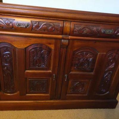EAT050 - Asian Ornately Carved Wood Buffet Cabinet w/Drawers