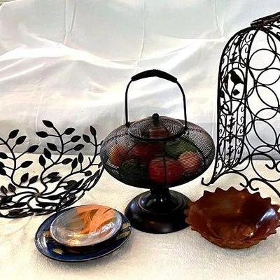 EAT032- Wrought Iron Wine Rack, Fruit Bowls, And Ceramic Plates
