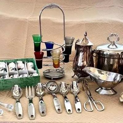 EAT083- Japanese Tea Set, Silver Plated, & Silver Colored Dishes 