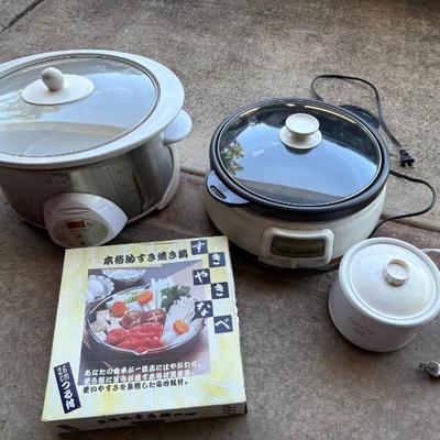 EAT087 2 Crock Pots 1 Mini Crock Pot And A sukiyaki nabe pot