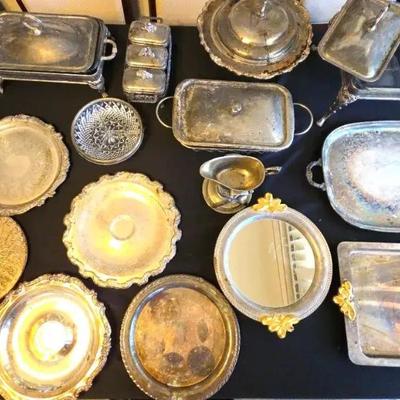EAT044 - Large Lot of Vintage Silver-Plate Platters and Serviceware 