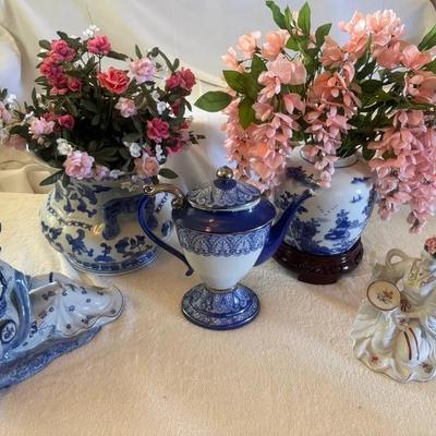 EAT068 - Lot of Porcelain Vases, Figurines & Beautiful Faux Flower Arrangements