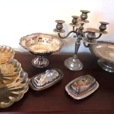 EAT043 - Assorted Vintage Silver-Plated Platters, Bowls, Tiered Dessert Trays & More