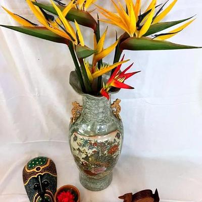 EAT090- Giant Vase with Bird of Paradise Faux Arrangement & More Decor