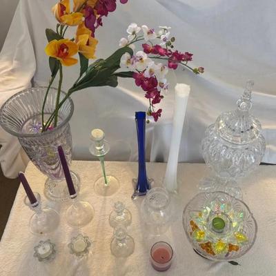 EAT054 - Assorted Crystal Cut Vases, Candle Holders & Faux Orchids