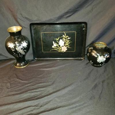 Asian Decor Vases And Tray