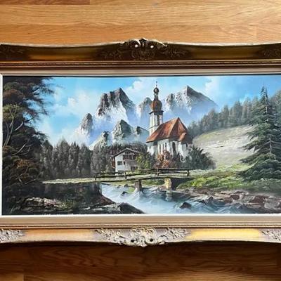 Signed Oil on Canvas Alpine Landscape with Church