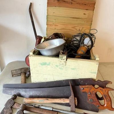 Vintage Wood Storage Box With Work Lights & Antique Hand Tools