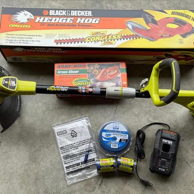 Outdoor Power Tools (3) With Ryobi 18V Trimmer, Black & Decker Hedge Hog & Grass Shear
