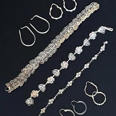 Vintage Filigree Link Bracelets and Hoop Earrings with Sterling