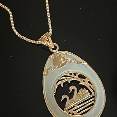 14K Yellow Gold Jade Swan Pendant on 14K Chain