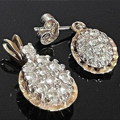 14K Two Tone Gold Diamond Cluster Earring and Matching Pendant 