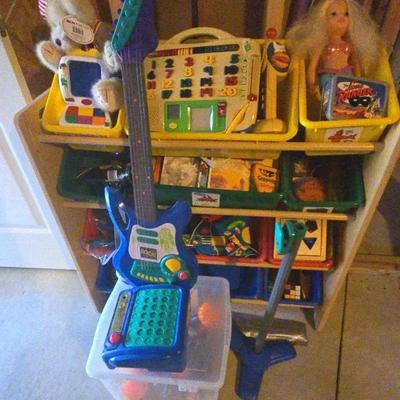 Wood Storage With Colorful Plastic Bins & Toy Cleanout 