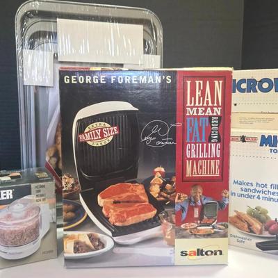 George Foreman Grill, New Baking Sheets(3), Microwave Grill And Pizza Crisper, Handy Chopper