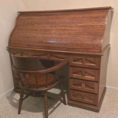 Oak Roll Top Desk With Chair