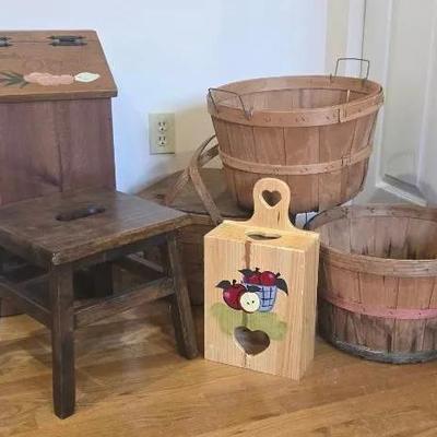 Wooden Baskets(3), Picnic Basket, Step Stool, Vegetable Bin, And Bag Holder