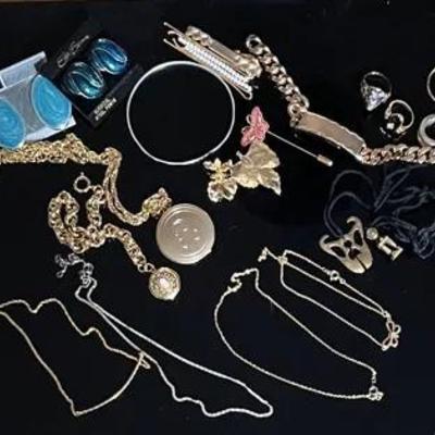Vintage Costume Jewelry with Lockets, Brass Pendants, Rings