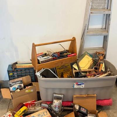 Vintage Hand Tools And Small Parts Cleanout With Ladder, Drills, Etc