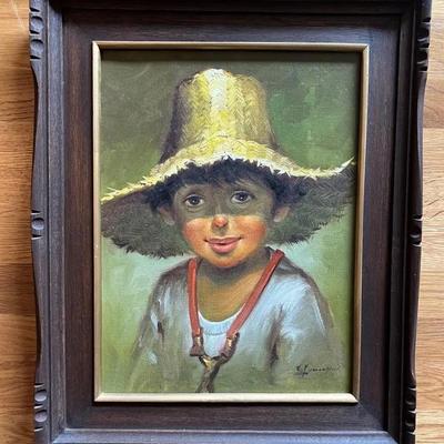 Signed Oil on Canvas Boy in Straw Hat