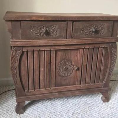 Antique Carved Wooden Cabinet With 2 Drawers And Slatted Storage Area