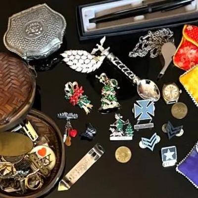 Vintage Collectibles with Military, Christmas Brooches and Brocade Jewelry Bags
