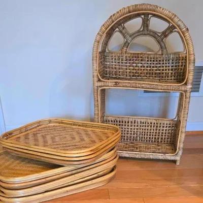 Vintage Rattan Domed Shelving Unit With 10 Woven Bamboo Serving Trays