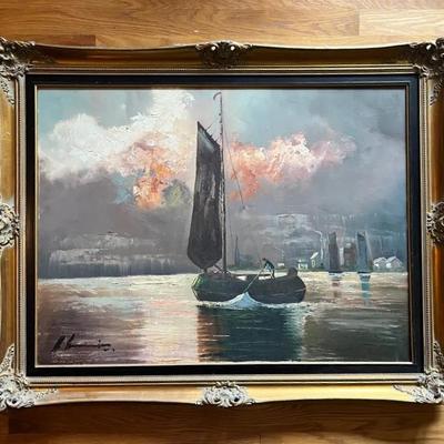 Signed Oil on Canvas Coastal Seascape at Sunset