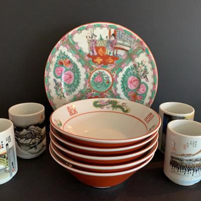 Oriental Themed Ceramic Platter, Bowls And Cups