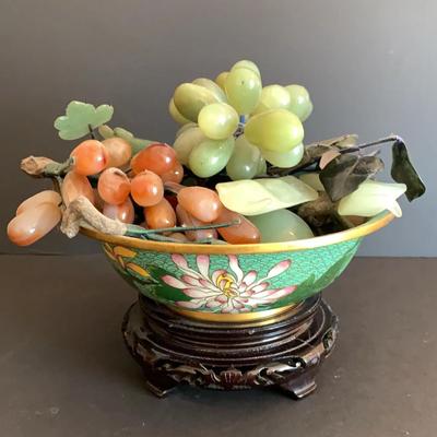 Cloissonne Bowl On Ornate Wooden Stand With Alabaster Fruit