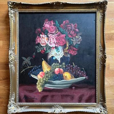 Signed Oil on Canvas Fruit and Floral Still Life
