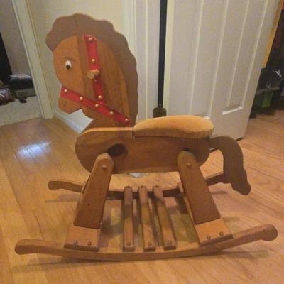 Vintage Wooden Rocking Horse With Padded Seat