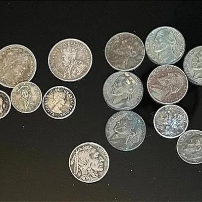 Vintage Coins with Silver Foreign, Silver Dime, WWII 40% Silver Nickels