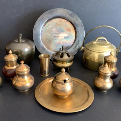 Brass Collection And Small Silverplate Commemorative Plate