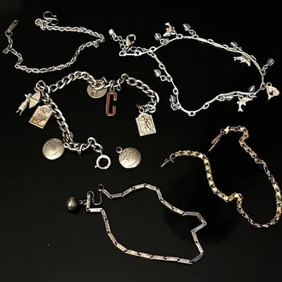 Vintage Link Bracelets (5) with Sterling Sports-Themed Bracelet with 3 Sterling Charms
