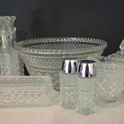 Anchor Hocking Wexford Cruets, Serving Bowl, Butter Dish, Salt, Pepper, Sugar And Creamer 