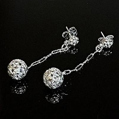 12K White Gold Filigree Ball Dangle Earrings