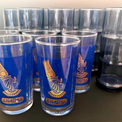 Libbey Cobalt Blue Bamboo Water Glasses (8) And Egyptian Themed (5)