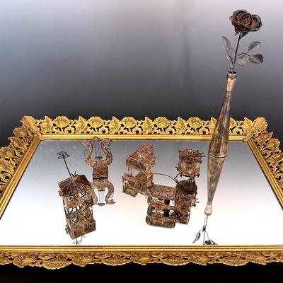 Decorative Mirrored Tray W/ Gold Filigree Border, Sterling Bud Vase & Other Miniature Figures