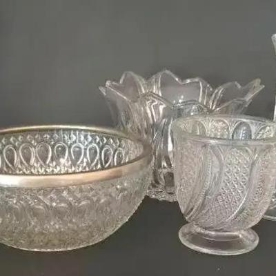 Gotham Tulip Bowl, Vintage Pressed Glass With Silver Plated Rim, EAPG, Bud Vase